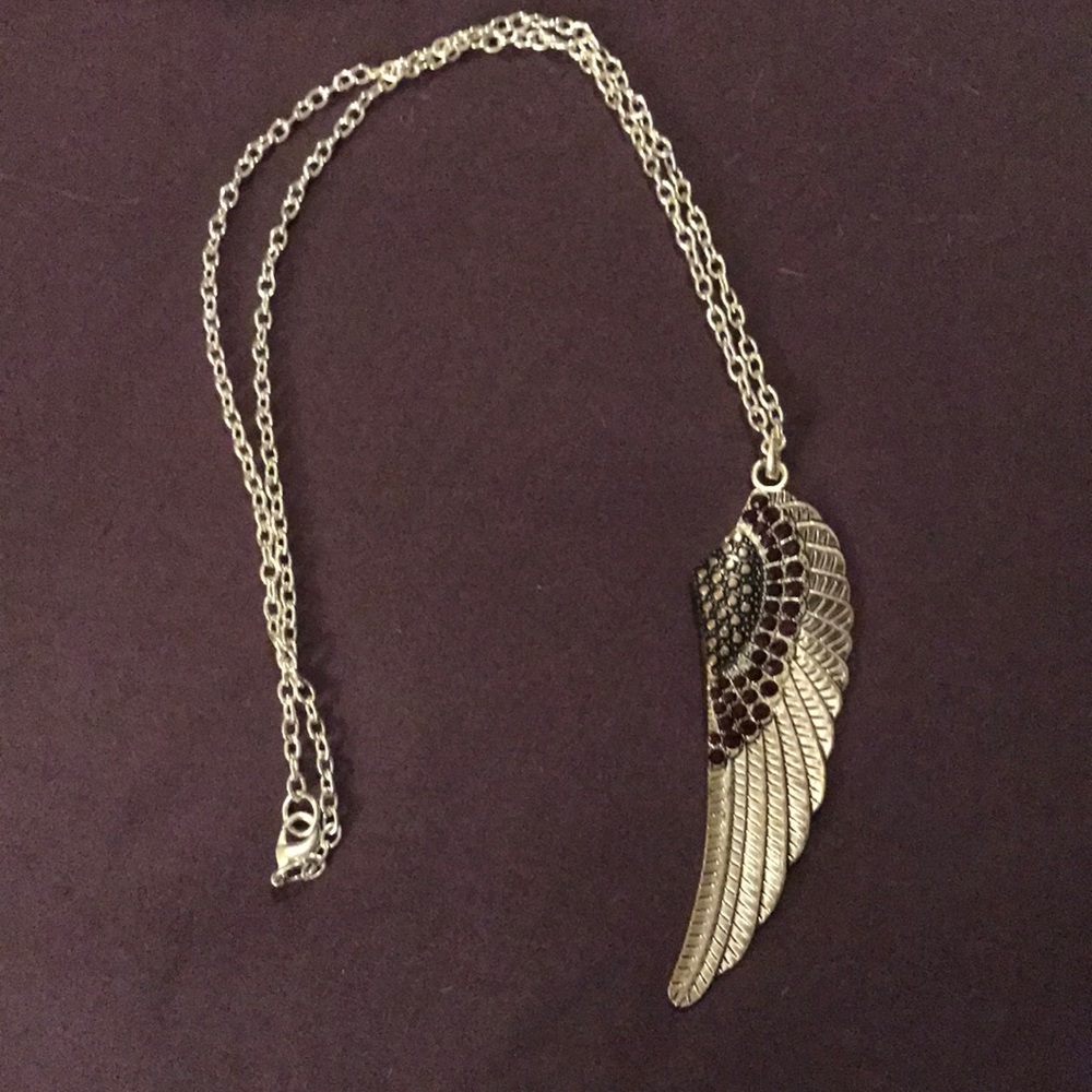 Long Silver Chain Purple Gem Feather Necklace